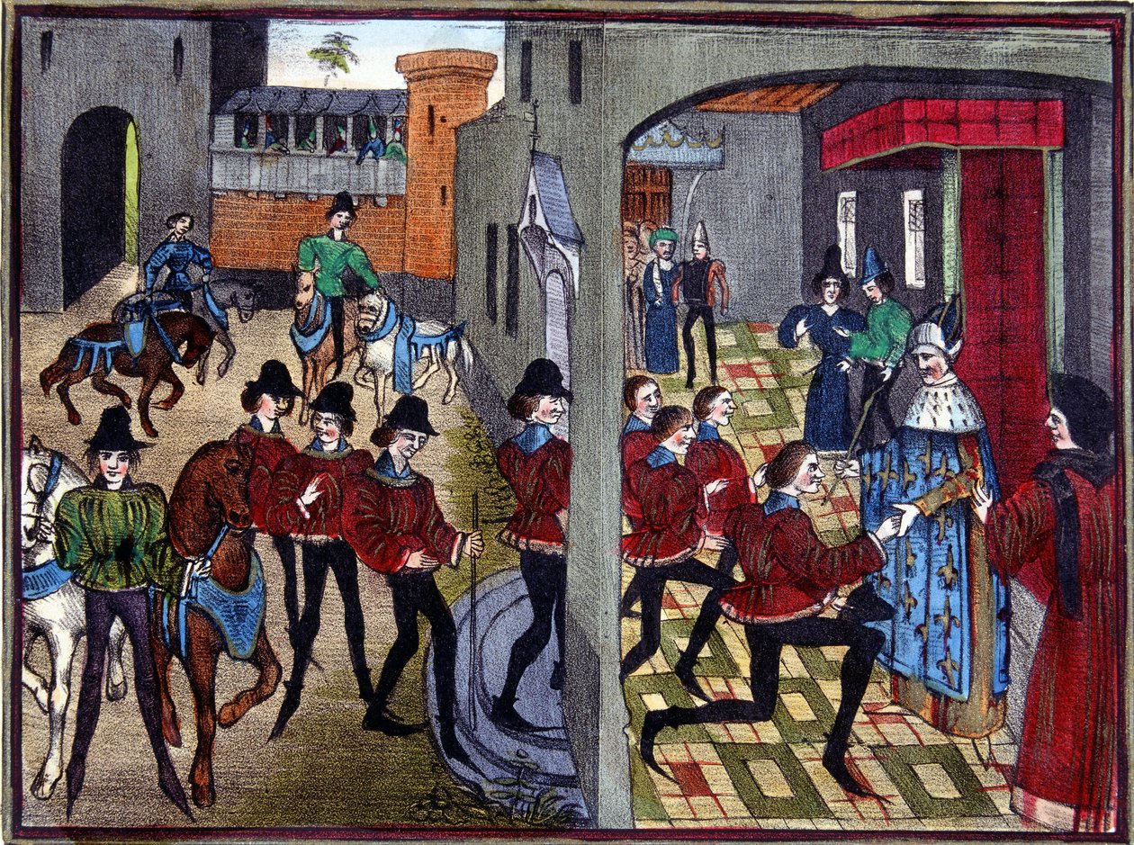 Carlos Magno recebe os 4 filhos de Aymon na corte e os cavaleiros - depois de uma miniatura do século XIII de Huon de Villeneuve de (after) French School