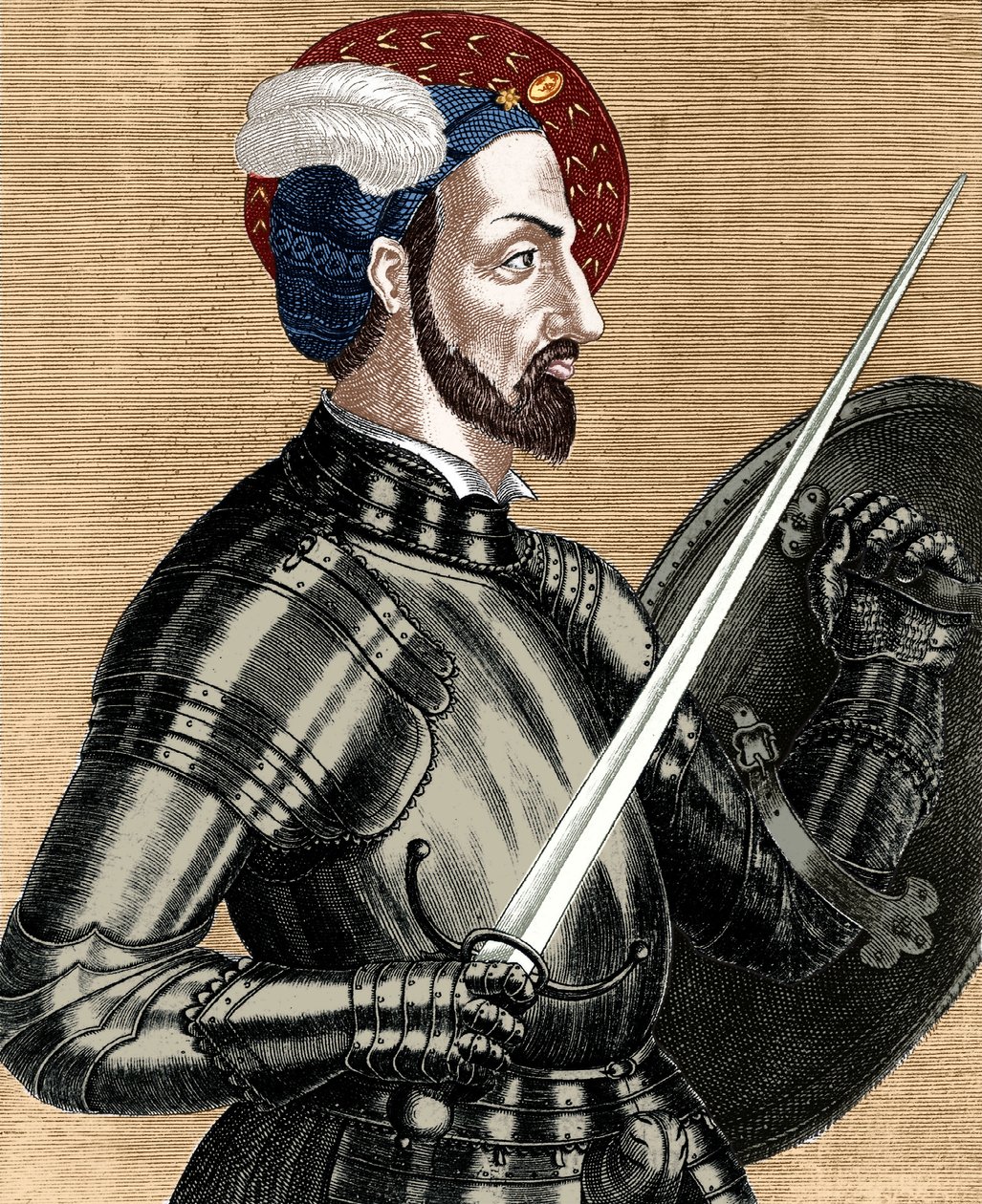 Carlos de Bourbon (1490-1527) , comandante supremo dos exércitos franceses , gravura em metal colorido de (after) French School