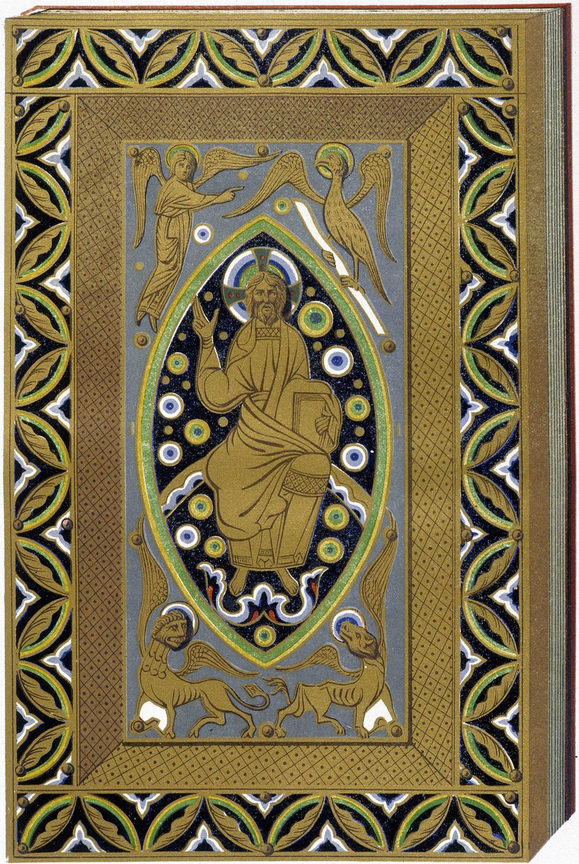Cristo em Mandorla com os símbolos dos 4 evangelistas (Tetramorph). Litografia que reproduz uma encadernação esmaltada do século XIII. de (after) French School