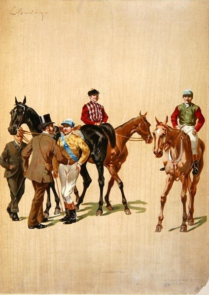 Jockeys no hipódromo, c.1875 (cor litho) de (after) French School