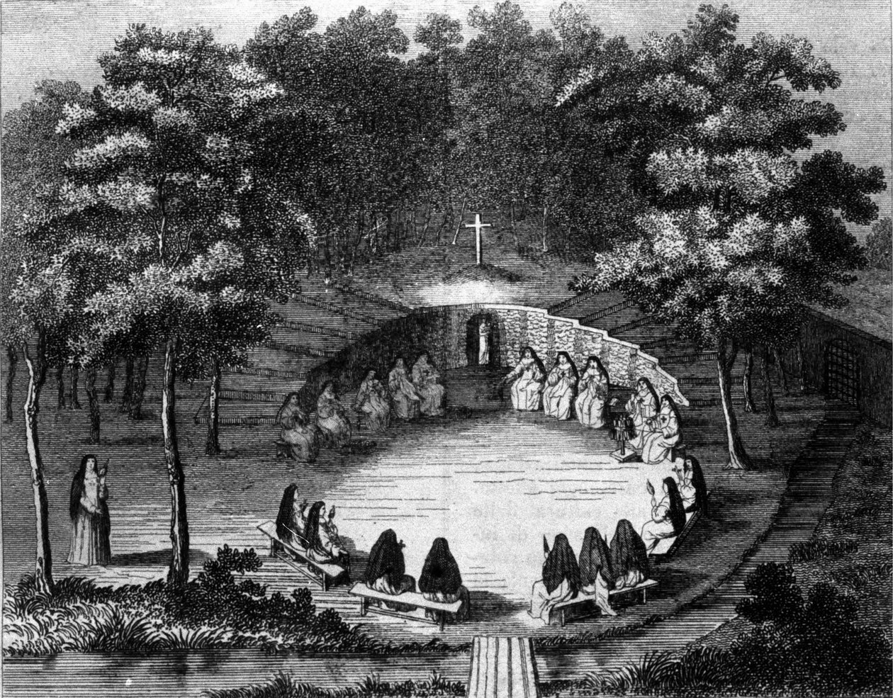 Freiras da abadia de Port Royal des Champs (Port-Royal-des-Champs) em uma palestra em solidão. Gravura depois de um pergaminho da escola francesa do século XVIII. de (after) French School