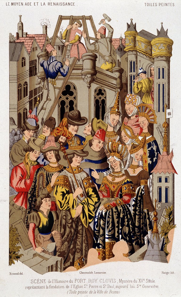 Cena da história de Fort Roy de Clovis. Mistério do século XV representando a fundação da Igreja de São Pedro e São Paulo, hoje Santa Geneviève. (da) Tela pintada da cidade de Reims. de (after) French School