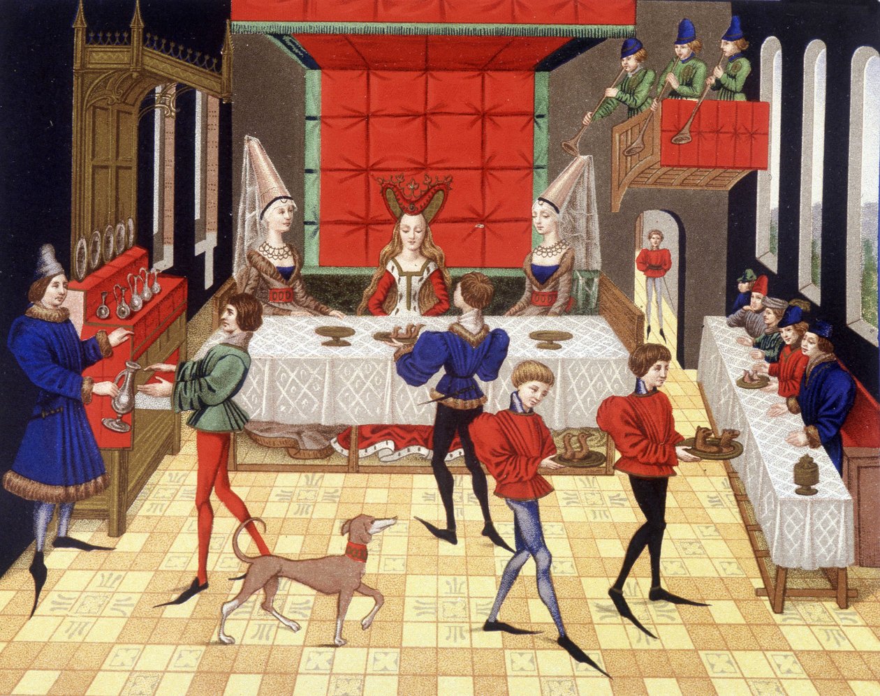 Serviço de mesa num chatelaine - fac-símile de uma miniatura do romano de Renaud de Montauban de (after) French School
