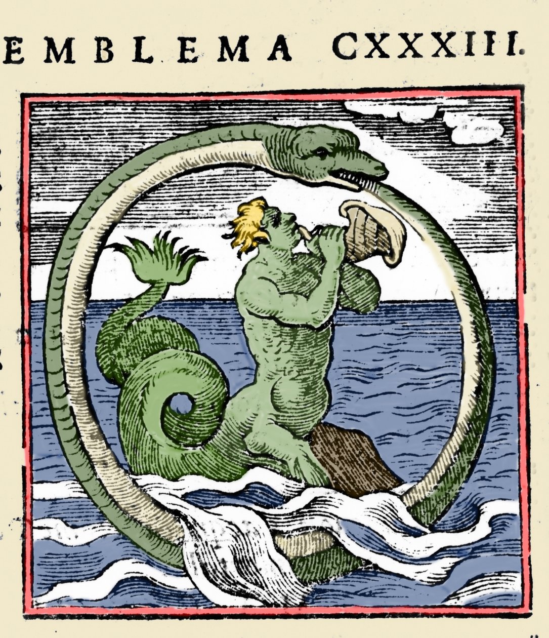 Um tritão e um ouroboros, ilustração "Emblemata" (Emblematum libellus) de Andrea Alciati (cor litho) de (after) Italian School
