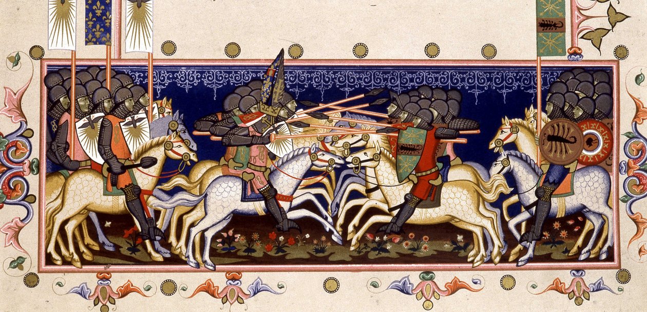 Cena de batalha (Cruzadas Imaginadas) - em "Estatutos da Ordem do Espírito Santo de Nápoles" (Ordem do Espírito Santo) baseado em miniatura de 1352 de (after) Italian School