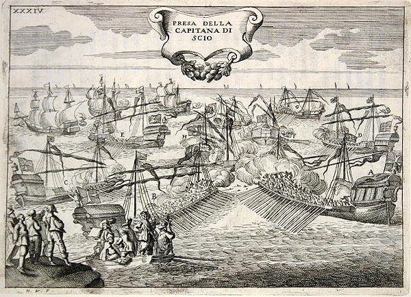 Galeões e Galeasses lutando: captura do Capitão da Ilha de Quios, ilustração de 