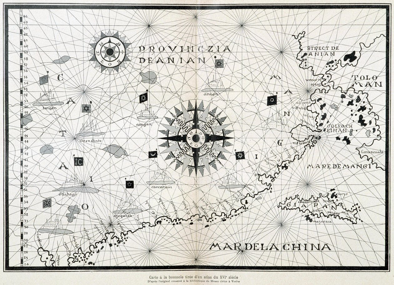 Mapa da bússola de um atlas do século XVI, baseado no original preservado na biblioteca do Museo Civico em Veneza de (after) Italian School