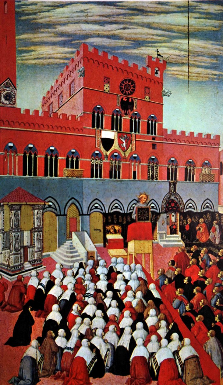 São Bernardino a discursar na sua terra natal, Siena (pintura) de (after) Italian School