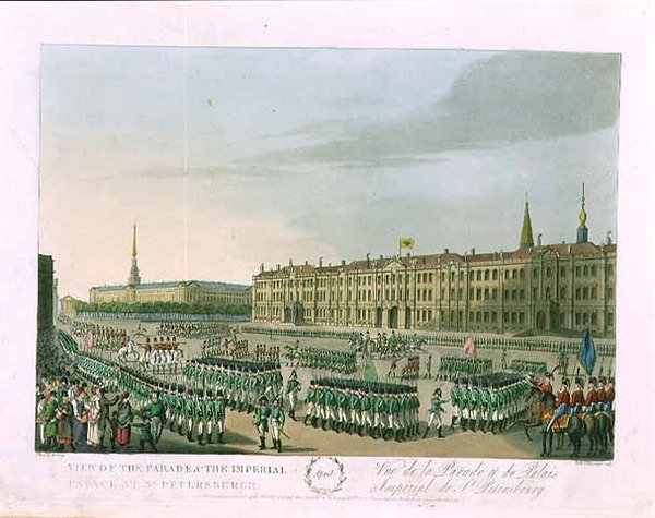 Vista do Desfile e do Palácio Imperial em São Petersburgo, ilustração para Abril de 