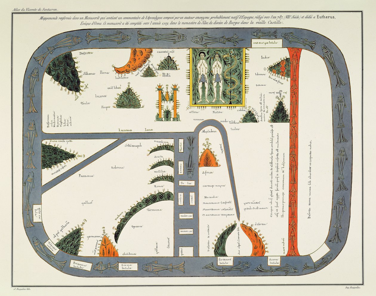 Mapa do mundo, de um manuscrito de um Comentário sobre o Apocalipse, escrito c.787 e copiado c.1109 no Mosteiro de Silos, Burgos, Espanha (litho) de (after) Spanish School