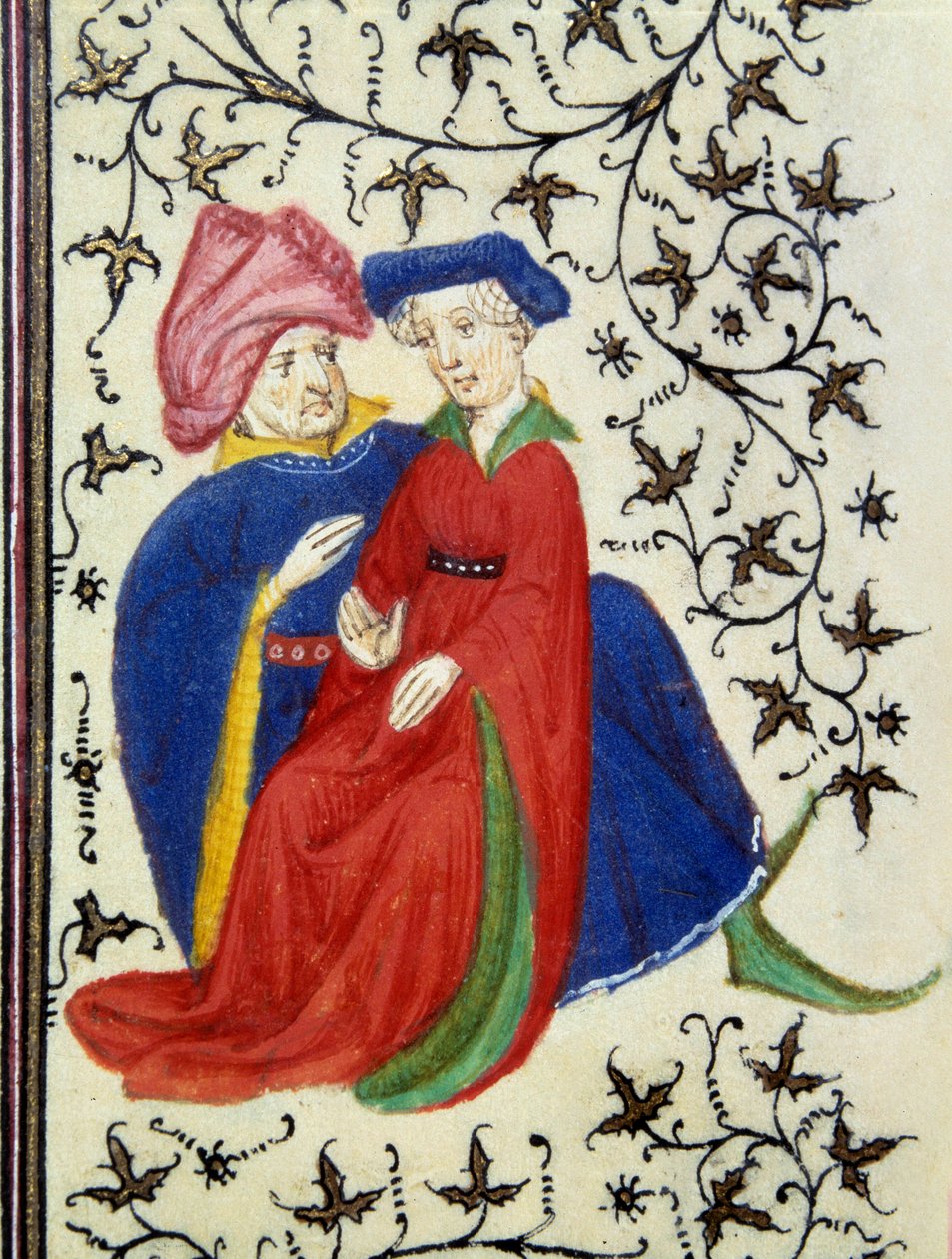 Uma cena galante. Detalhe de uma página do manuscrito "Les Tres Riches Hours du Duke François de Guise" iluminado pelo Mestre de Boucicaut. Século XV. Musee Conde, Chantilly. de (and workshop) Boucicaut Master