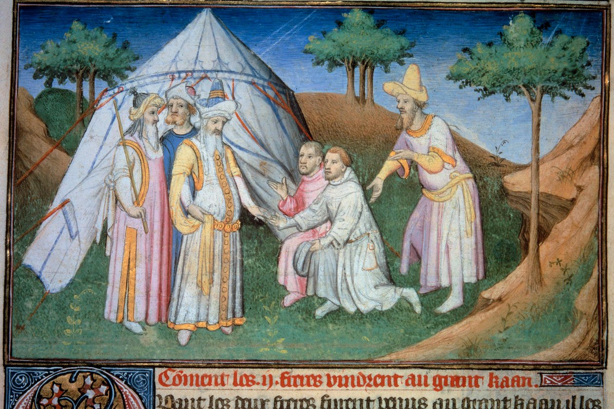 Os irmãos Nicolo e Matteo Polo, pai e tio do jovem Marco Polo (1254-1324) foram recebidos na corte do Grande Qubilai (Kubilai Khan, primeiro imperador da dinastia Yuan mongol (1215-1294), imperador mongol em 1271". Miniatura tirada de " de (and workshop) Boucicaut Master