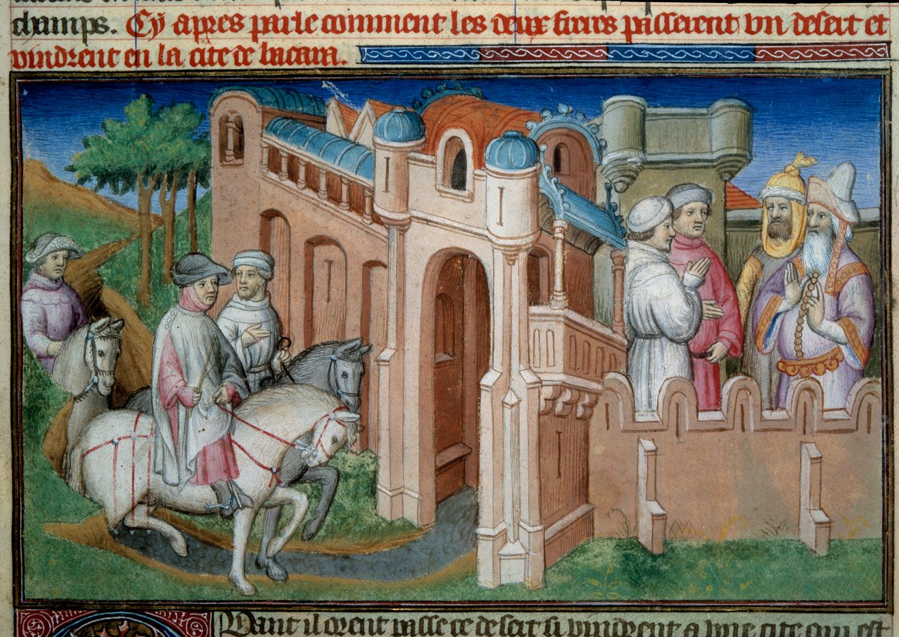 Os Irmãos Nicolo e Matteo Polo, tio e pai de Marco Polo (1254-1324) chegam a Bukhara, Uzbequistão. Miniatura tirada de "O Livro das Maravilhas" ("Devisement du monde", "Il Milione") de Marco Polo (1254-1324) ilustrado pelo Mestre de Bouci de (and workshop) Boucicaut Master