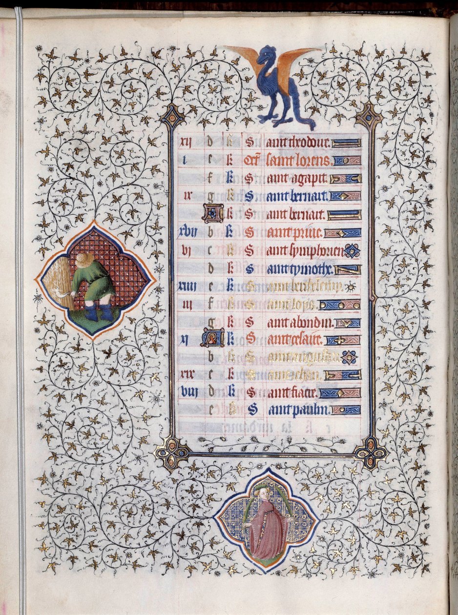 Página de manuscrito "Les Tres Riches Hours du Duke François de Guise", sinais decorativos do zodíaco e representação do trabalho agrícola, a colheita. Miniatura do Mestre de Boucicaut de (and workshop) Boucicaut Master