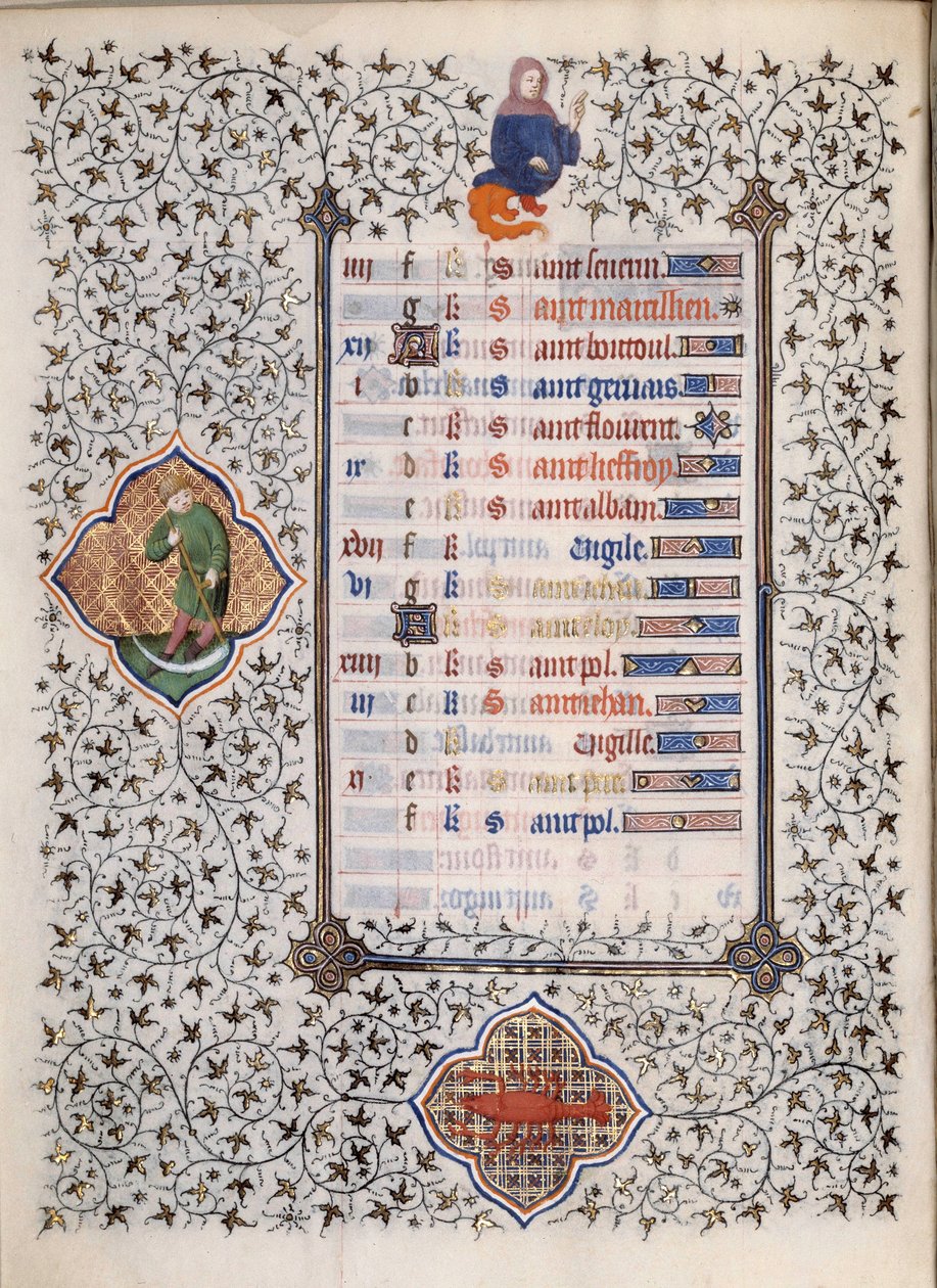 Página do manuscrito "Les Tres Riches Hours du Duke François de Guise" iluminado pelo Mestre de Boucicaut: representação dos signos do zodíaco e cenas da vida quotidiana: o cancro e um homem com uma foice. Século XV. Musee Conde, Chantilly de (and workshop) Boucicaut Master