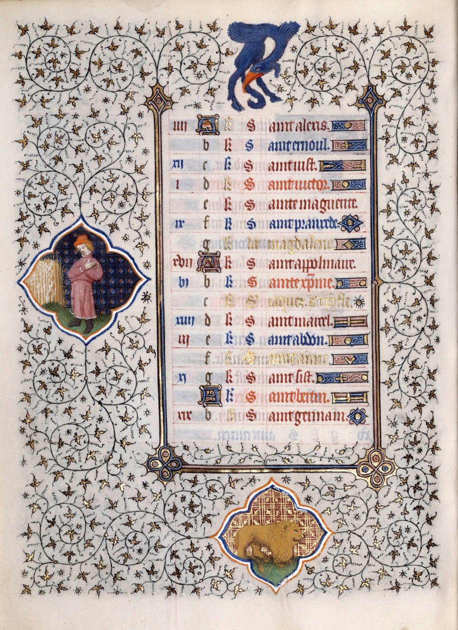 Página do manuscrito "Les Tres Riches Hours du Duke François de Guise" iluminado pelo Mestre de Boucicaut: representação dos signos do zodíaco e cenas da vida quotidiana: o leão. Século XV. Musee Conde, Chantilly de (and workshop) Boucicaut Master