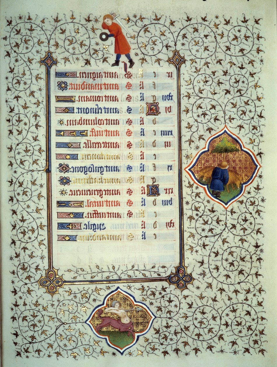 Página do manuscrito "Les Tres Riches Hours du Duke François de Guise" iluminado pelo Mestre de Boucicaut: representação dos signos do zodíaco e cenas da vida quotidiana: o sagitário e um criador de rabo de cauda. Século XV. Musee Conde, Chantil de (and workshop) Boucicaut Master