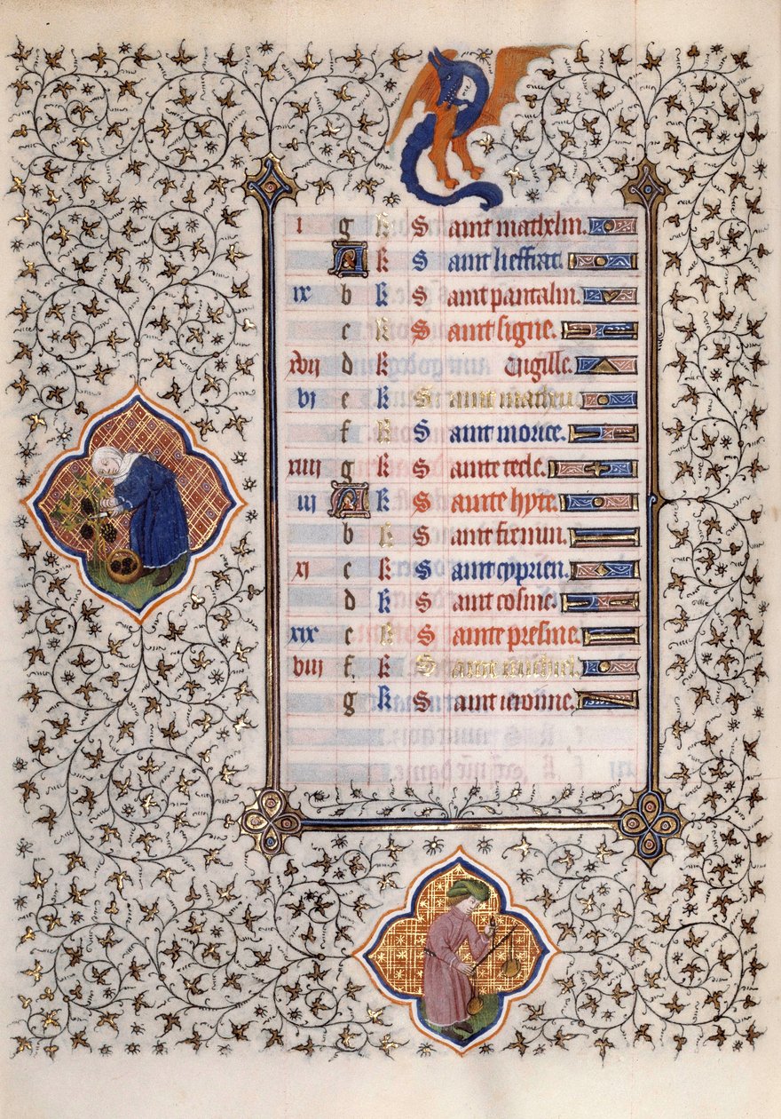 Página do manuscrito "Les Tres Riches Hours du Duke François de Guise" iluminado pelo Mestre de Boucicaut: representação dos signos do zodíaco e do trabalho agrícola: equilíbrio e colheita. Século XV. Musee Conde, Chantilly de (and workshop) Boucicaut Master