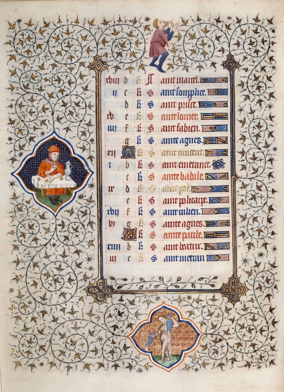 Página do manuscrito "Les Tres Riches Hours du Duke François de Guise" iluminado pelo Mestre de Boucicaut: representação dos signos do zodíaco e cenas da vida quotidiana: o Aquário e uma cena de refeição. Século XV. Musee Conde, Chantilly de (and workshop) Boucicaut Master