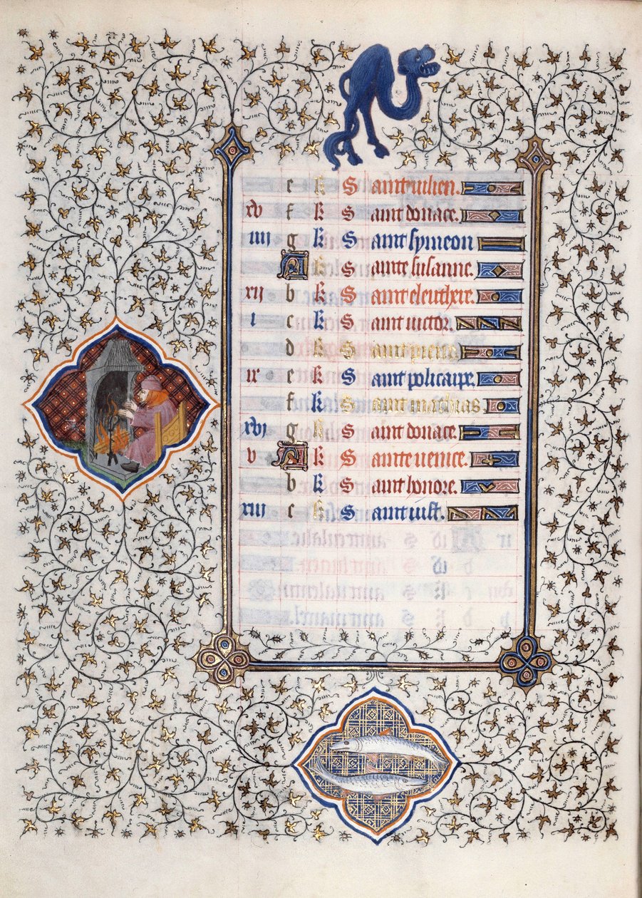 Página do manuscrito "Les Tres Riches Hours du Duke François de Guise" iluminado pelo Mestre de Boucicaut: uma representação dos signos do zodíaco e cenas da vida quotidiana: peixes e um homem a aquecer-se em frente a uma chaminé. Século XV. Musa de (and workshop) Boucicaut Master