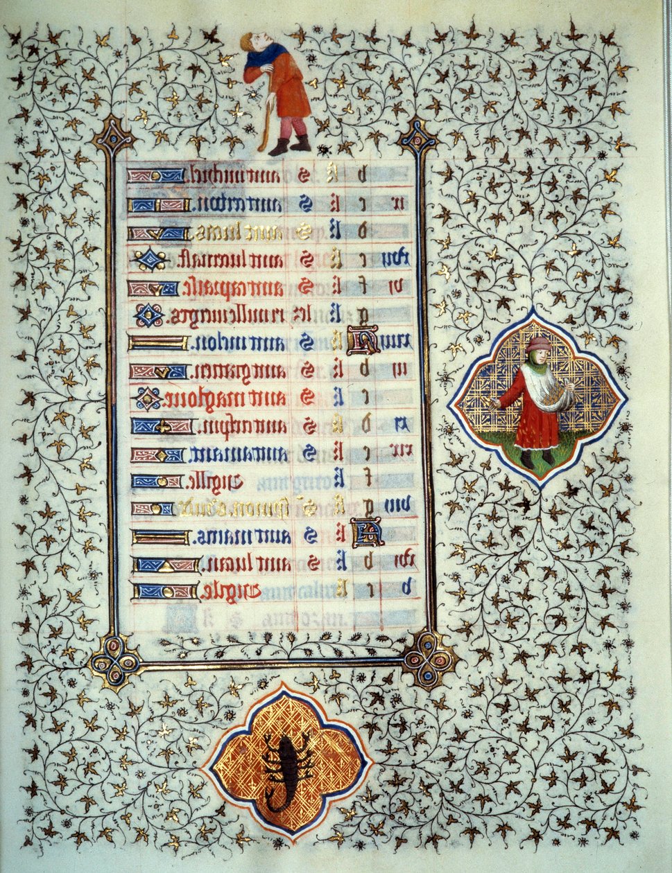 Página do manuscrito "Les Tres Riches Hours du Duke François de Guise" iluminado pelo Mestre de Boucicaut: representação dos signos do zodíaco e cenas da vida quotidiana: escorpião e plantação. Século XV. Musee Conde, Chantilly de (and workshop) Boucicaut Master