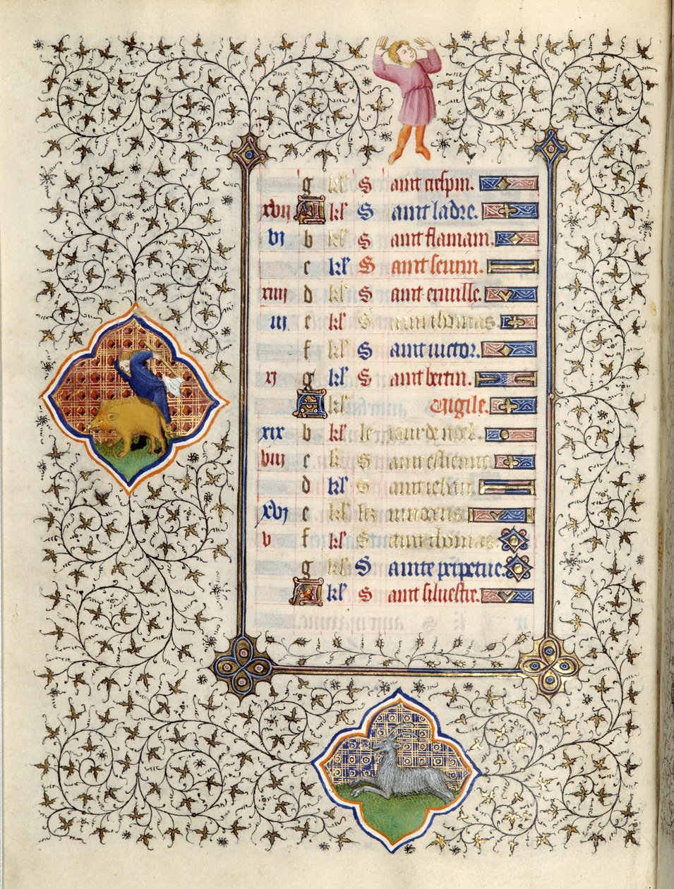 Página do manuscrito "Les Tres Riches Hours du Duke François de Guise" iluminado pelo Mestre de Boucicaut: representação dos signos do zodíaco e cenas da vida quotidiana: o capricórnio e a caça ao javali. Século XV. Musee Conde, C de (and workshop) Boucicaut Master
