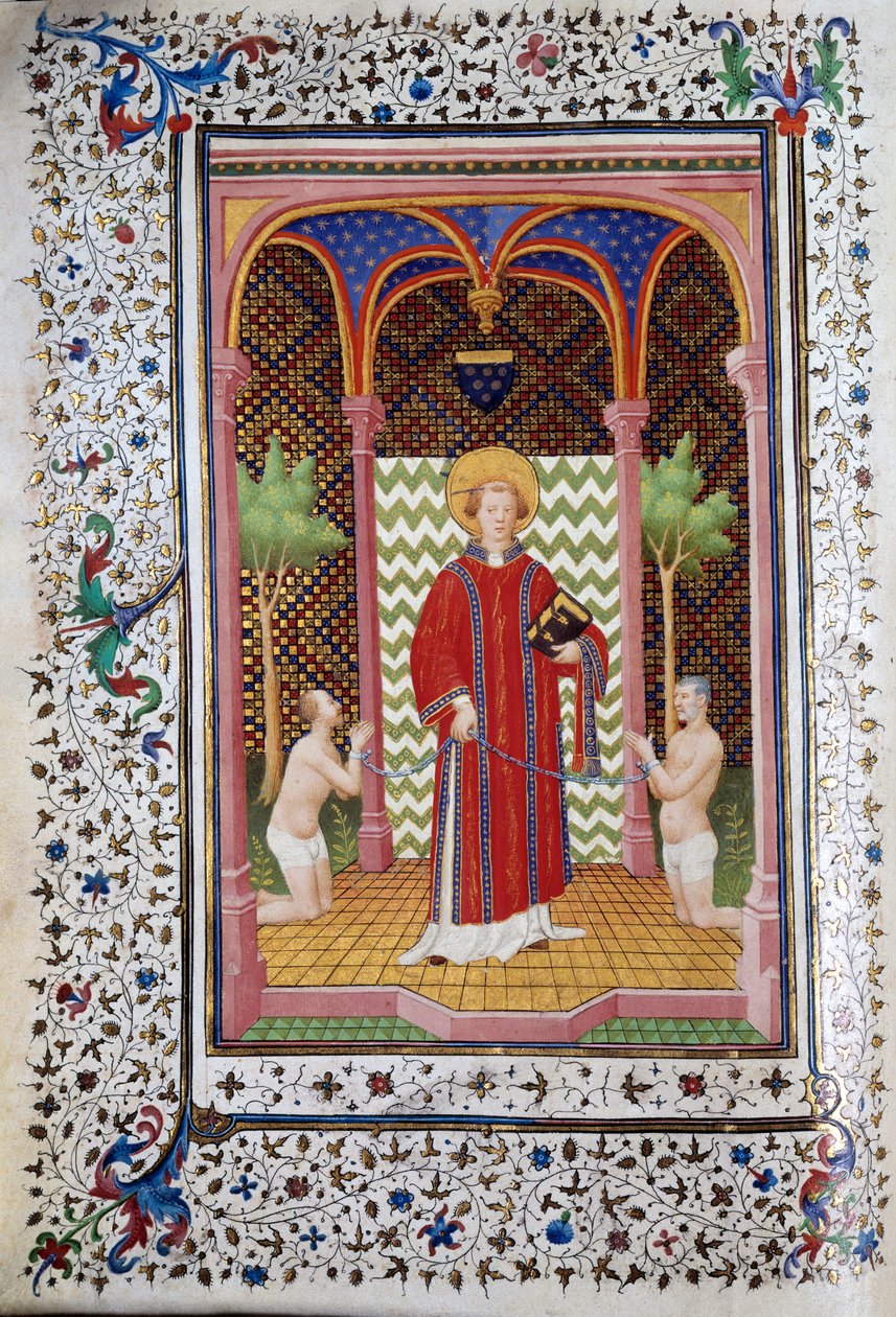 Representação de São Leonardo (século VI), eremita de Limousin, libertando dois prisioneiros Página do manuscrito "Les Tres Riches Hours du Duke François de Guise" iluminado pelo Mestre de Boucicaut. Século XV. Musee Conde, Chantilly de (and workshop) Boucicaut Master