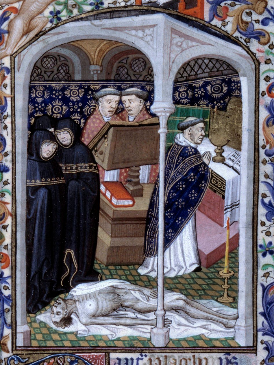 Cena de cerimônia funerária e dança macabra Miniatura tirada do "Livro de horas" usado em Paris" iluminado pelo Atelier du Maitre d Boucicaut, aproximadamente 1415. Paris, B.N. de (and workshop) Boucicaut Master