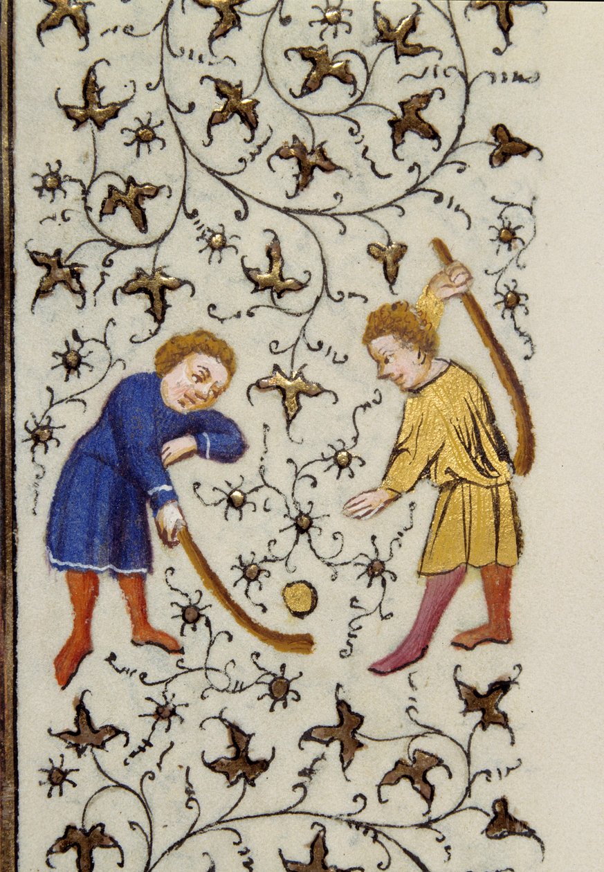 O jogo do disco de uma página Detalhe do manuscrito "Les Tres Riches Hours du Duke François de Guise" iluminado pelo Mestre de Boucicaut. Século XV. Musee Conde, Chantilly de (and workshop) Boucicaut Master