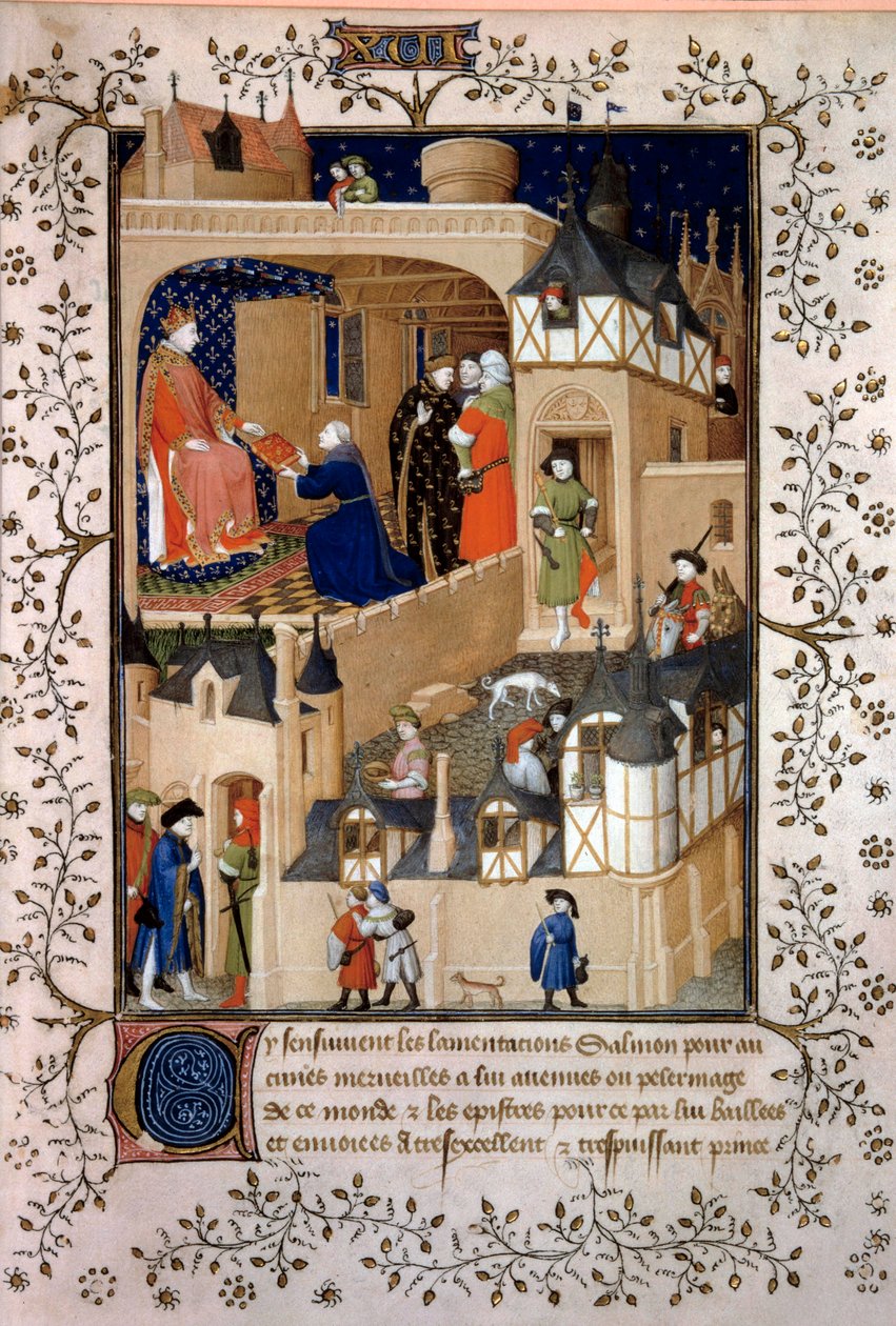 O aventureiro político Pedro, o Frutífero, disse Salmon oferece o seu manuscrito ao Rei Carlos VI (1368-1422). Miniatura de "Answers a Charles VI et Lamentations" de Pierre Salmon iluminado pela oficina do Maitre de Boucicaut (século XV) 1409 P de (and workshop) Boucicaut Master