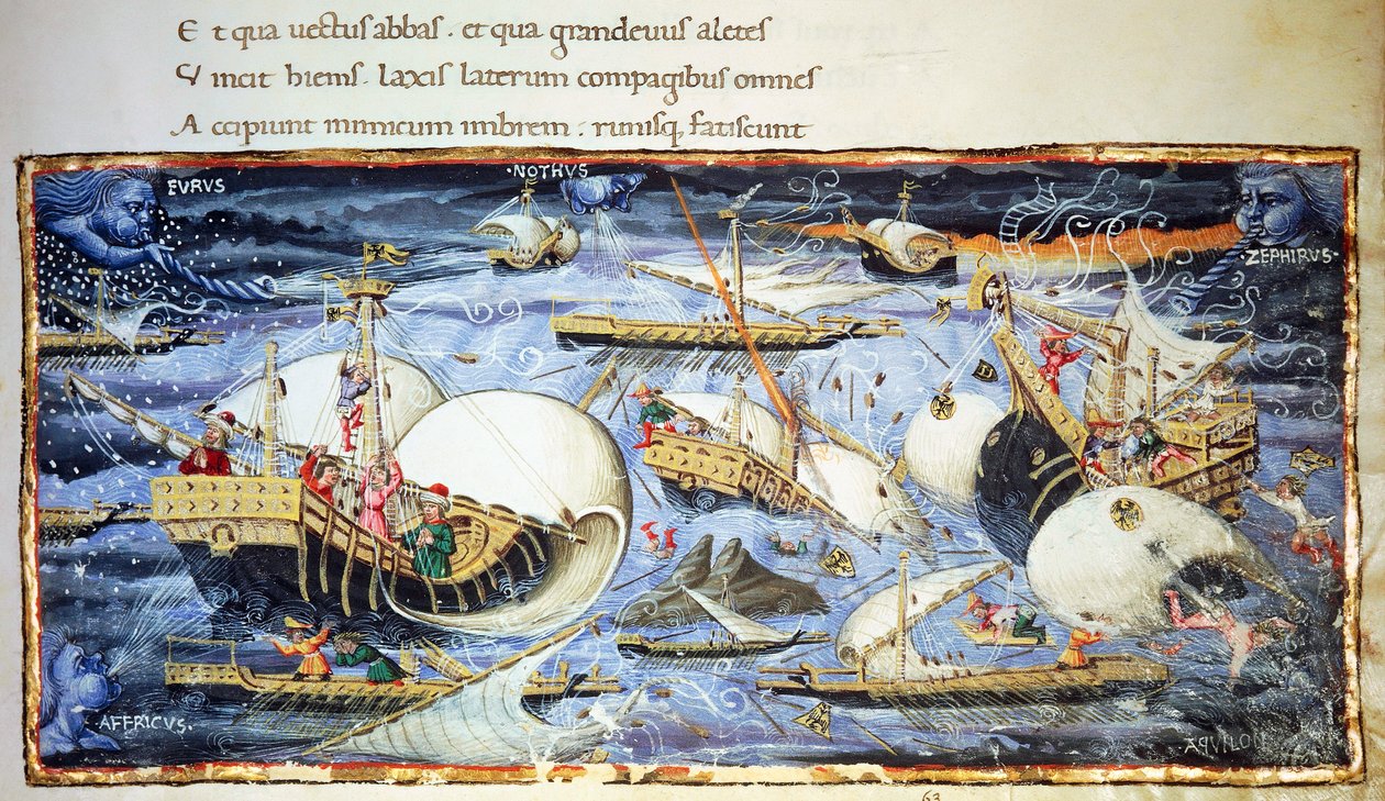 Navios à vela, ilustração para Aeneid, poema épico de Virgil (70-19 a.C.), miniatura atribuída a Apollonio di Giovanni (1415-1465) de (attr. to) Apollonio di Giovanni