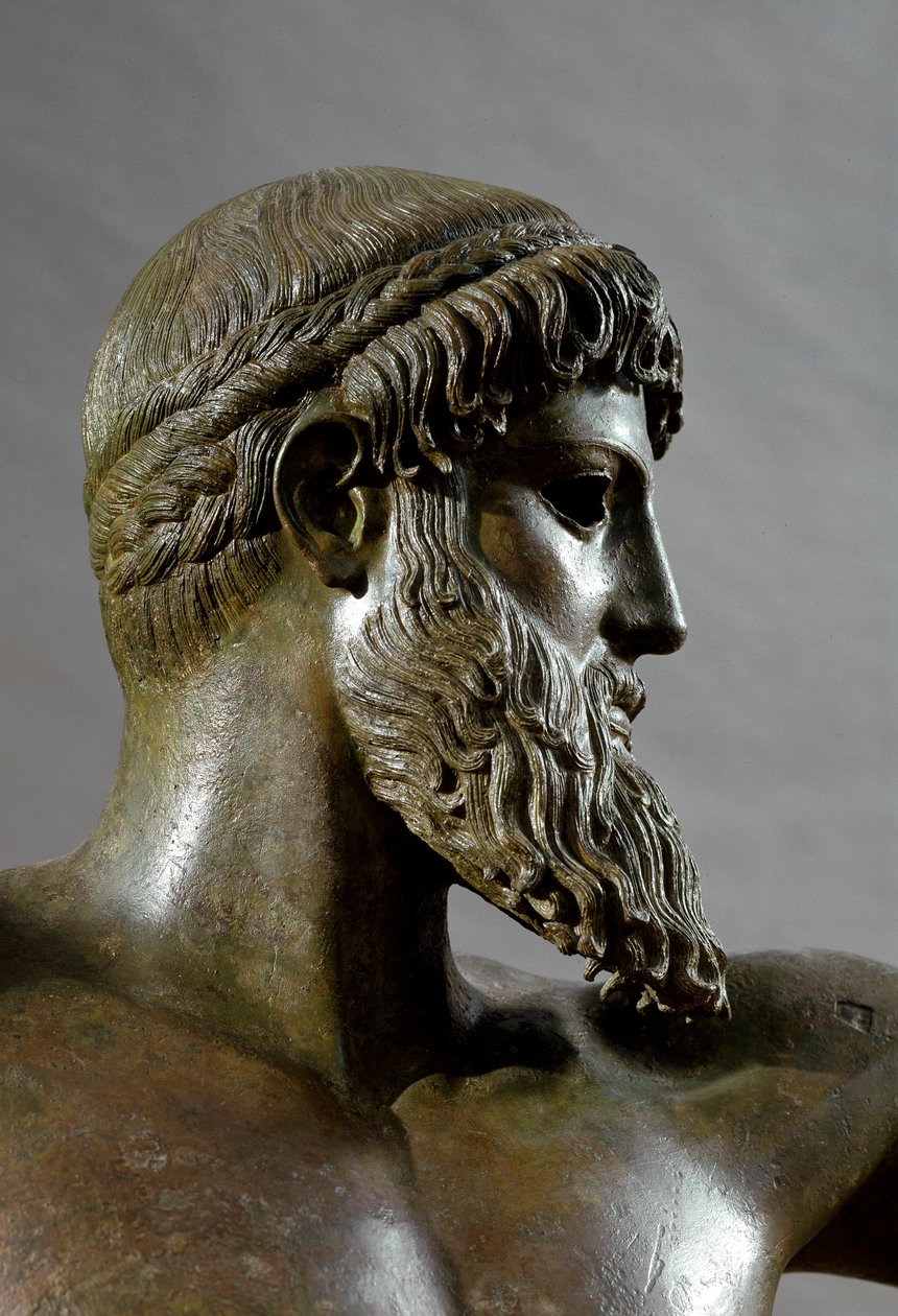 Arte grega: "Poseidon" (ou Zeus) Detalhe. Escultura de bronze atribuída ao escultor Kalamis (480-460 a.C.) do Cabo Artemision. Dim. 209 cm Athenes, museu de arqueologia nacional - Arte grega: Cabeça de Poseidon (ou Zeus) - Escultura de bronze, de Kalamis ( de (attr. to) Kalamis