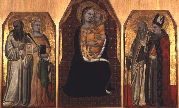 Tríptico: Madonna e Criança ladeadas por quatro santos (tempera no painel) de (attr to) Puccio di Simone