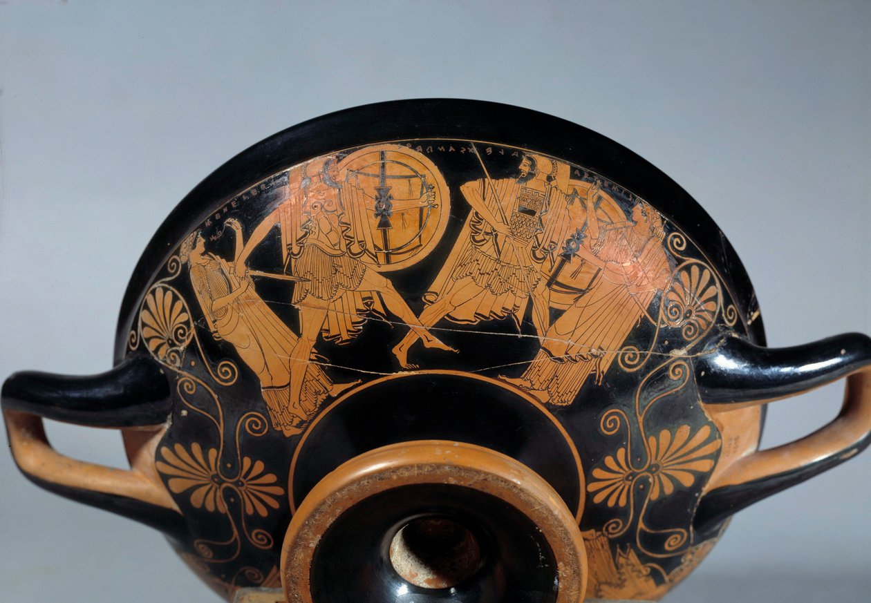 Antiguidade grega: Taça do sótão com figuras vermelhas representando uma cena da Guerra de Tróia: o duelo de Menelas e Paris. Artemis assiste ao duelo. Pintura atribuída a Douris. Por volta de 490-480 a.C. de (attr.to) Douris