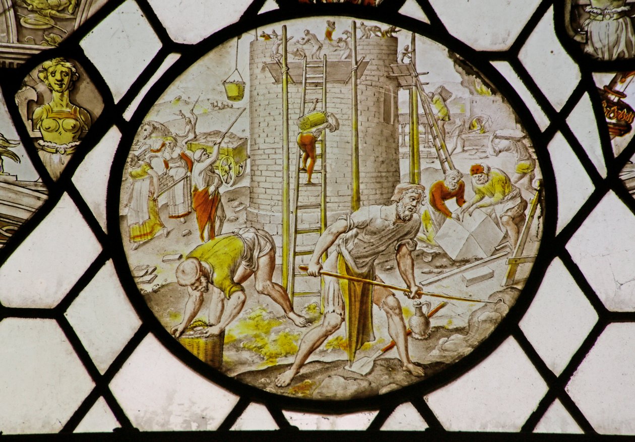 Roundel com o Edifício da Torre de Babel (vidro manchado) de (attr.to) Dutch School