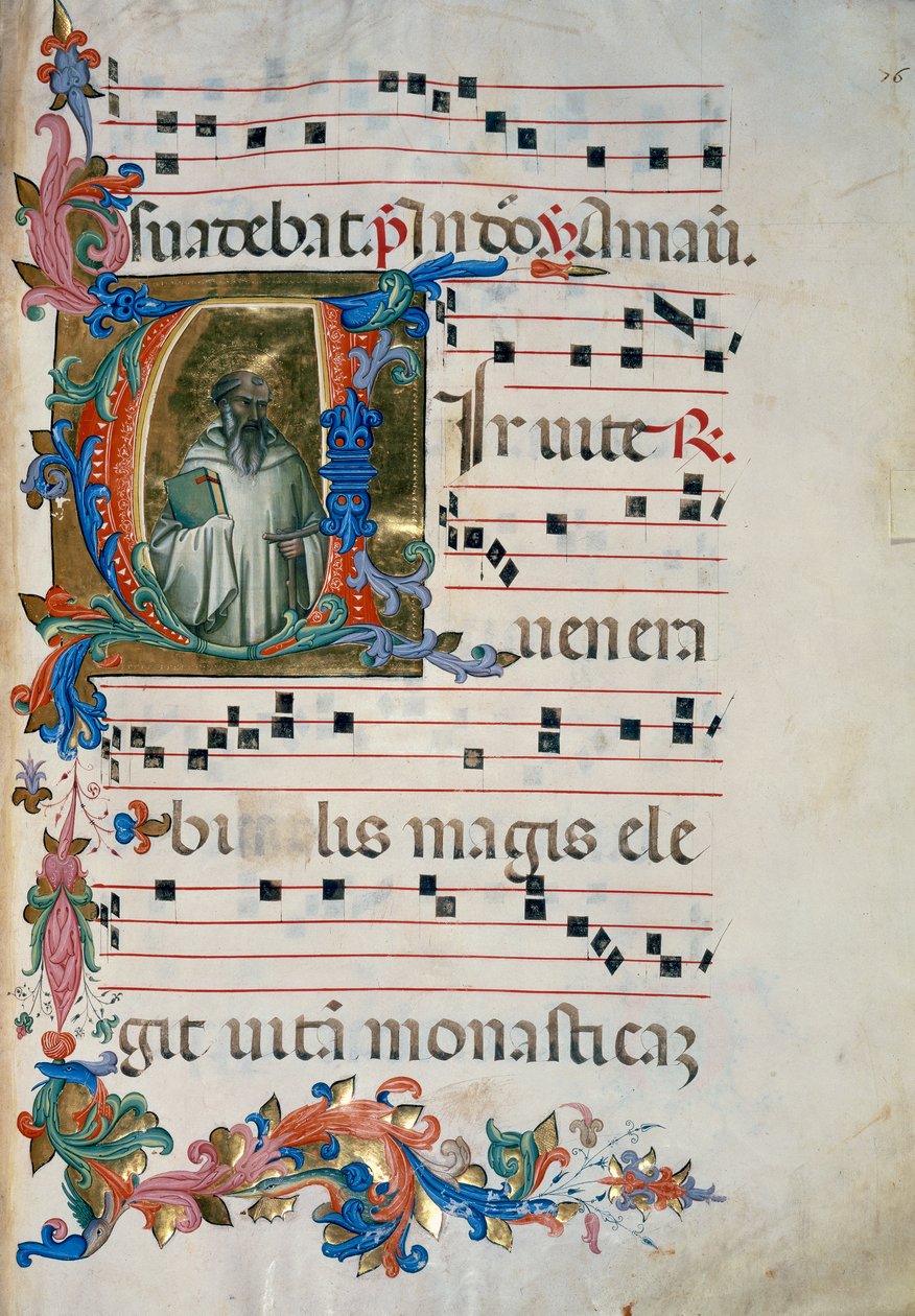 Inicial iluminada com a figura de San Romualdo (Corale 8, c. 76), para o livro coral 8 de Santa Maria degli Angeli de (c.1370 1425) Lorenzo Monaco
