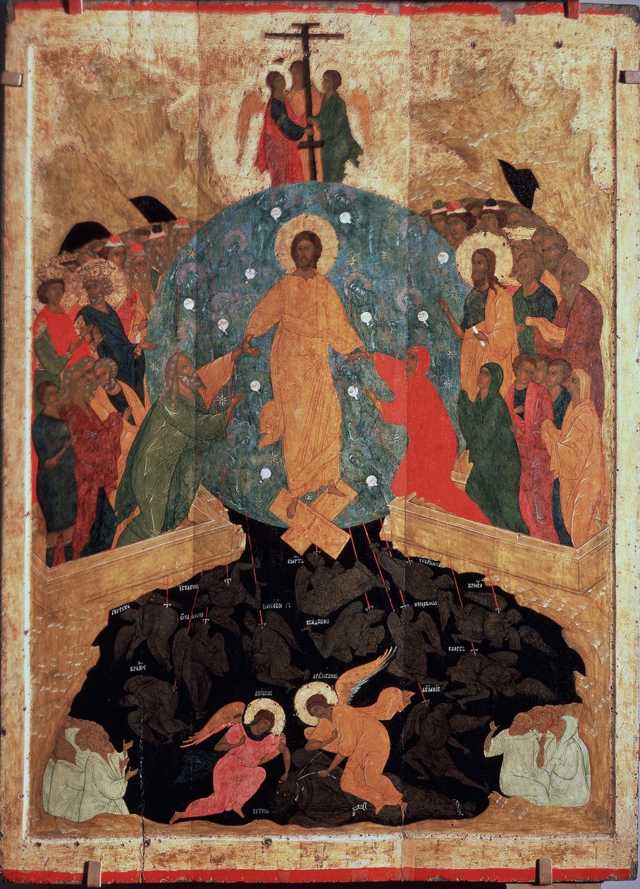 A descida ao Inferno. Episódio da Ressurreição, imediatamente após a sua morte, Cristo desceu às portas do reino dos mortos (limbo) onde as almas vegetam enquanto aguardam a visão beatífica, a fim de libertar as almas dos judeus. de (c.1440 1502) Dionisius the Wise
