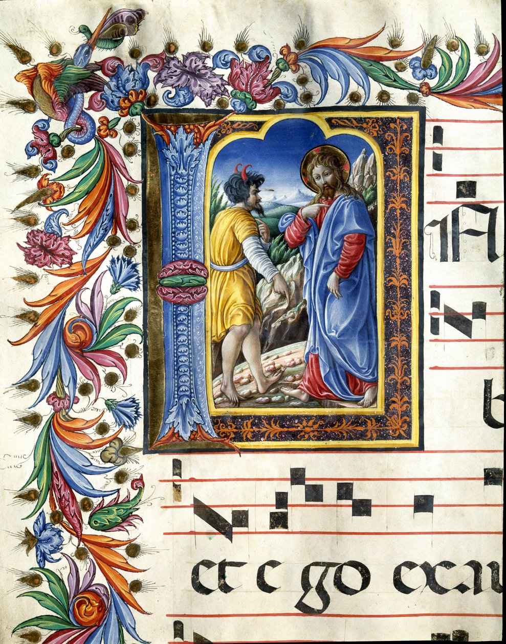 Lettrina decorativa representando a tentação de Cristo Miniatura por Liberale da Verona (1445-1529) de um coro (Cod. 20/5. c.45v) da catedral de Siena. Catedral do século XV (Duomo) de Siena, Itália de (c.1445 1527) Liberale da Verona