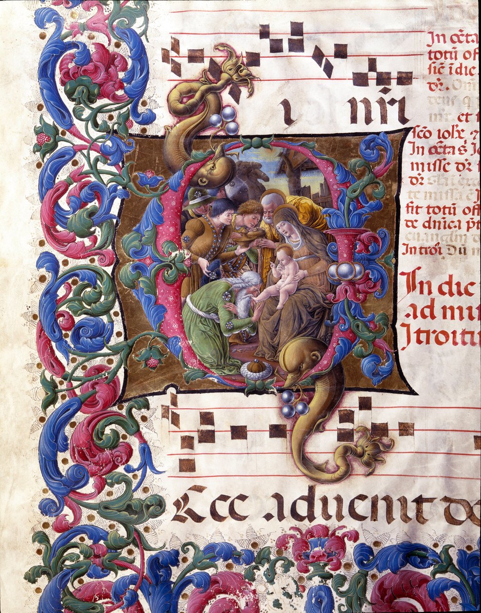 Lettrina decorativa representando a Adoração da Miniatura Magi por Liberale da Verona (1445-1529) de um coro (Cod. 24/9. c.67v) da Catedral de Siena. Catedral de Siena do século XV (Duomo), Itália. de (c.1445 1527) Liberale da Verona