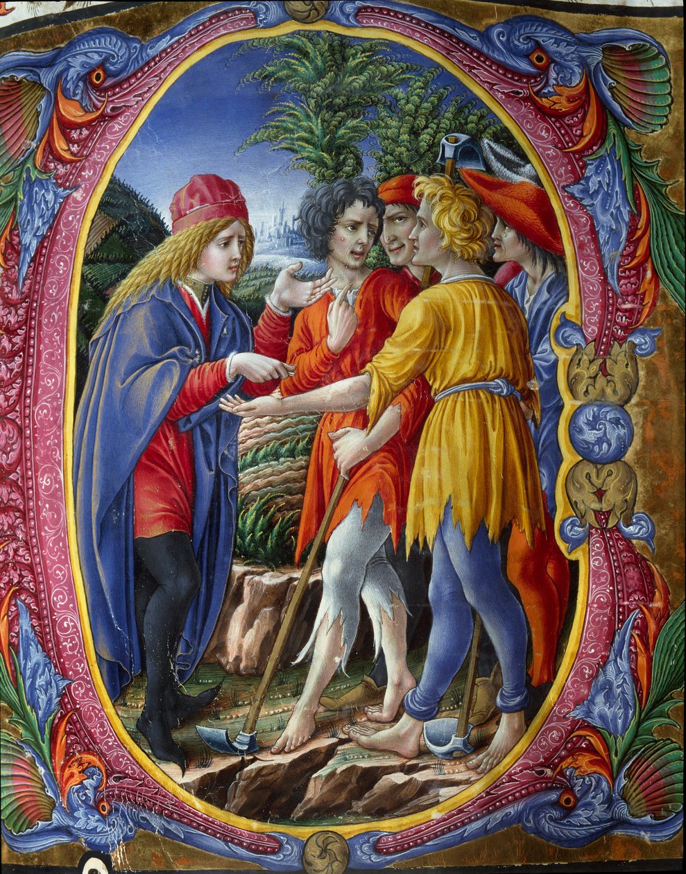 Decoree lettrine representando a parábola dos viticultores assassinos (Evangelho segundo São Mateus Mt 21, 33-43) (A Parábola dos Inquilinos) Miniatura de Liberale da Verona (1445-1529) de um coro (Cod. 20/5. c.2.) da Catedral de Siena. 15º Centurião de (c.1445 1527) Liberale da Verona