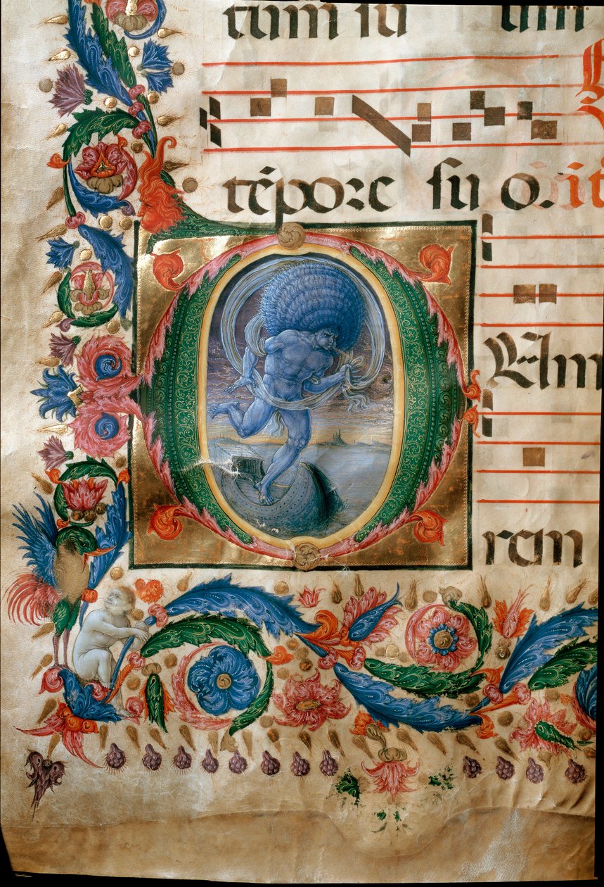 Lettrina com representação de Aeolus, o guardião dos ventos. (Miniatura de (c.1445 1527) Liberale da Verona