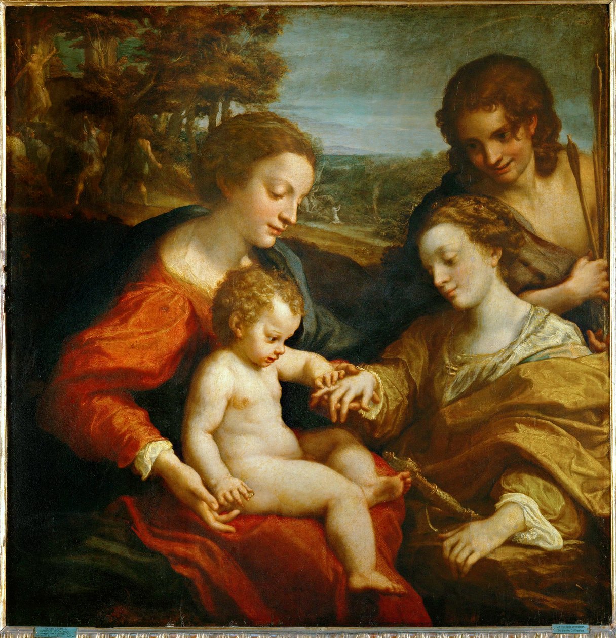 O casamento místico de Santa Catarina de Alexandria com o Menino Jesus, e de São Sebastião ... de (c.1489-1534) Correggio
