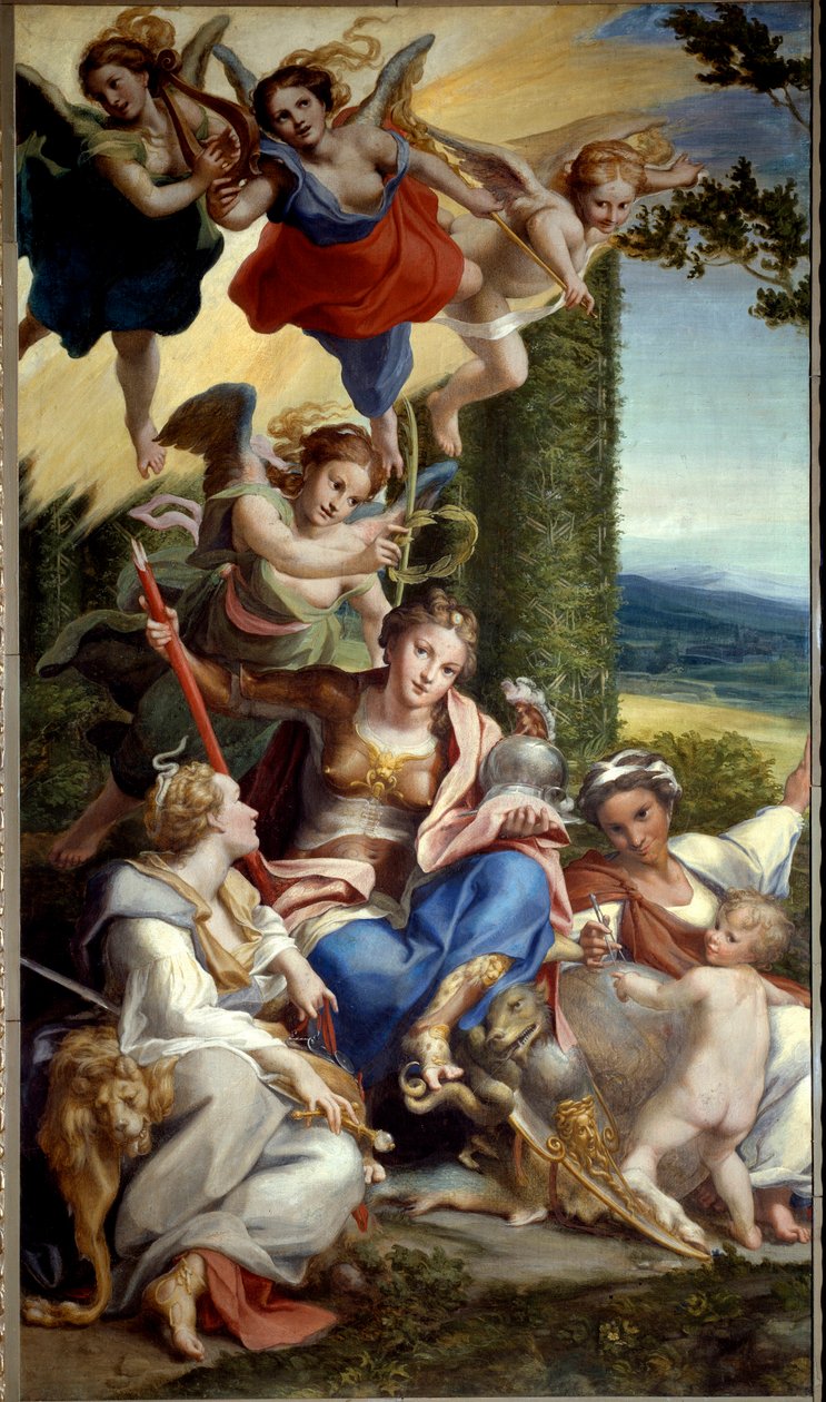 Alegoria da Virtude. Pintura de Antonio Allegri detto Il Correggio (ou Le Correge 1489-1534) do século XVI. Dim. 0,88x1,48m. de (c.1489 1534) Correggio
