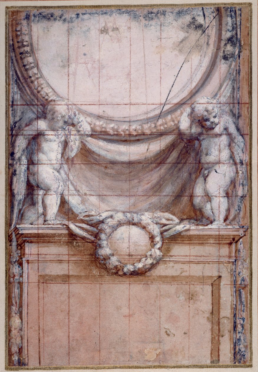 Dois putti que suportam um medalhão em branco (giz vermelho elevado com branco no papel) de (c.1489 1534) Correggio