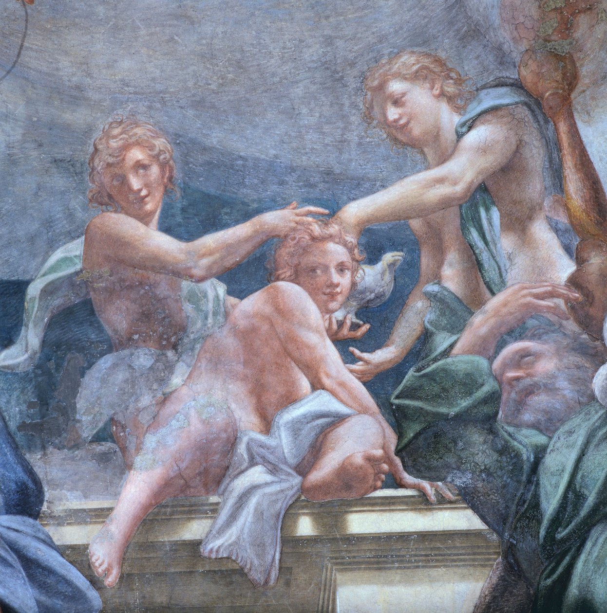 Jovens na varanda, por Antonio Allegri Da Correggio (1489-1534) Detalhe dos afrescos na cúpula da Catedral de Parma, Itália de (c.1489 1534) Correggio