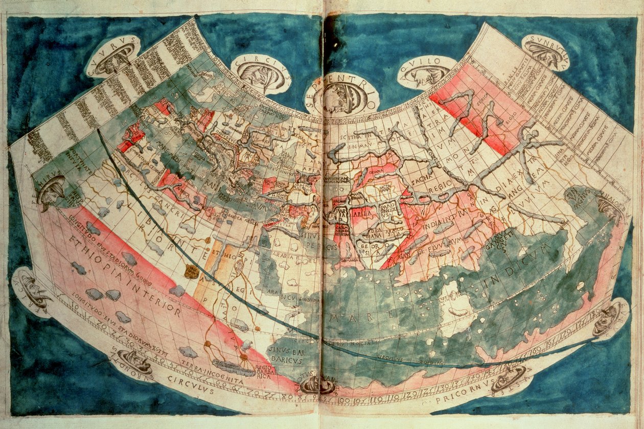 Mapa do Mundo baseado em uma descrição de Ptolemaeus (aquarela) de (c.90 168)(after) Ptolemy