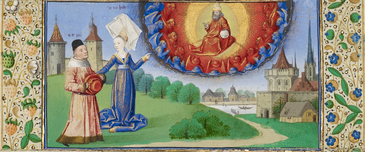 Filosofia Instruindo Boécio sobre o Papel de Deus, c.1465 (têmpera e ouro em pergaminho) de (fl.1450 75) Master of Coetivy