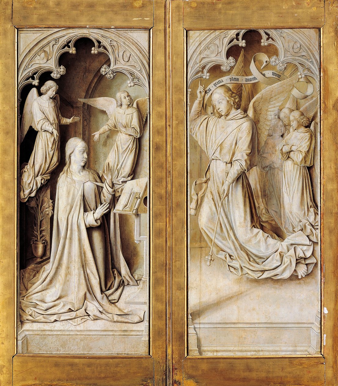 Anunciação em grisaille (cinza monocromático), asas exteriores do tríptico (ca. 1489-1502) pelo Mestre de Moulins, na Catedral de Notre-Dame, Moulins, França. de (fl.c.1483 c.1529) Master of Moulins