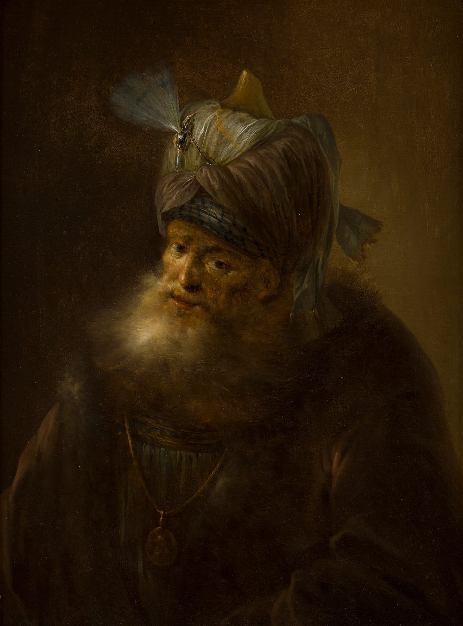 Retrato de um homem em um turbante (óleo sobre tela) de (follower of) Rembrandt Harmensz. van Rijn