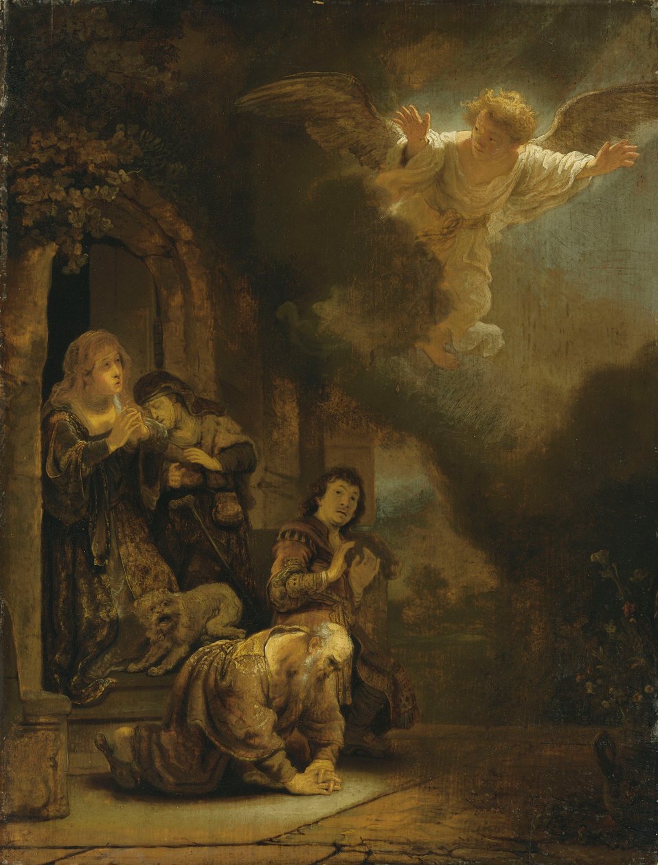 O Arcanjo Rafael despedindo-se de Tobit e sua família (óleo no painel) de studio of Rembrandt Harmensz. van Rijn